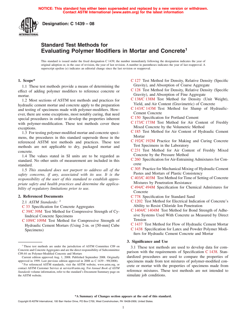 ASTM C1439-08 - Standard Test Methods for Evaluating Polymer Modifiers in Mortar and Concrete