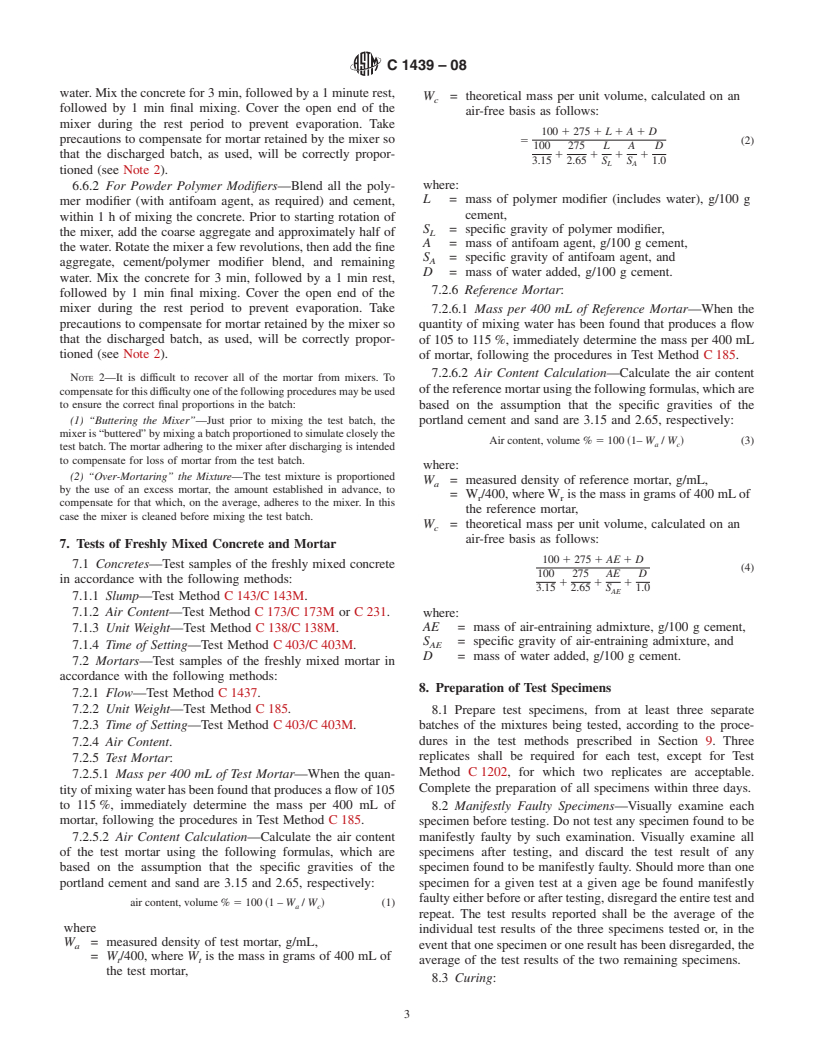 ASTM C1439-08 - Standard Test Methods for Evaluating Polymer Modifiers in Mortar and Concrete