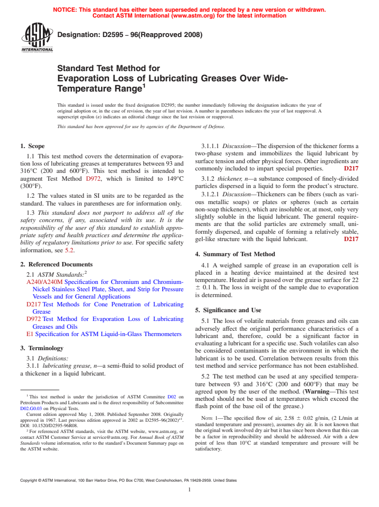 ASTM D2595-96(2008) - Standard Test Method for Evaporation Loss of Lubricating Greases Over Wide-Temperature Range