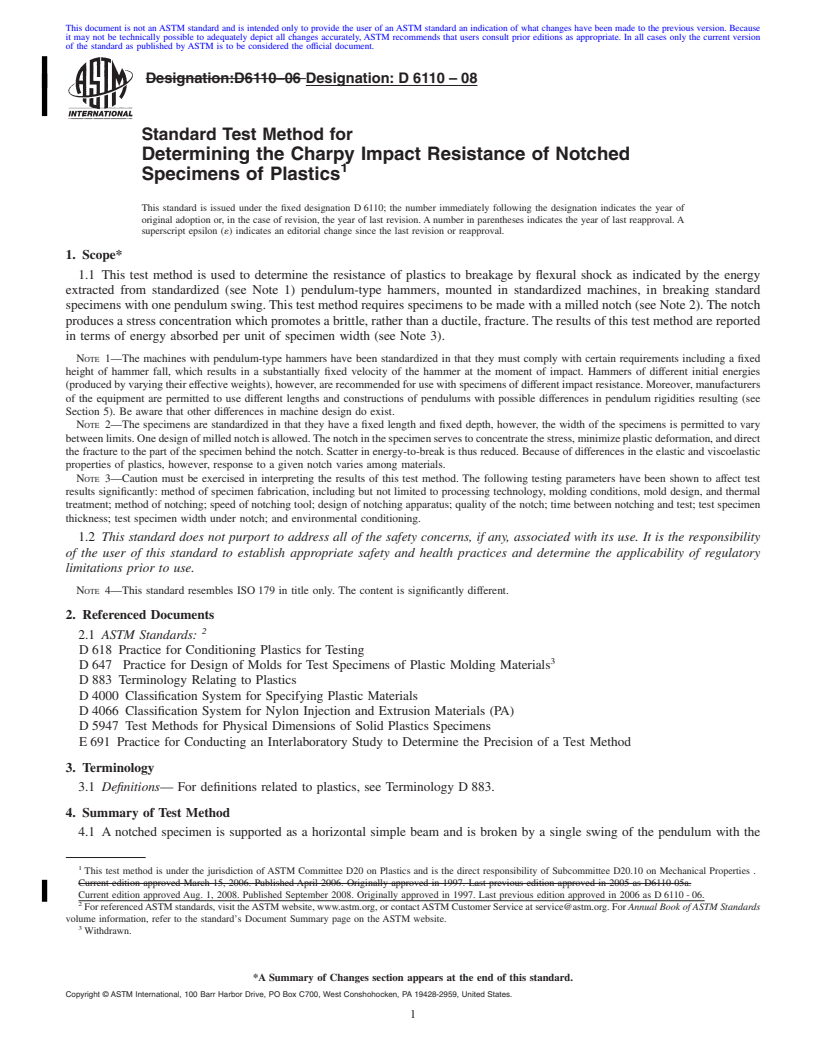 REDLINE ASTM D6110-08 - Standard Test Method for Determining the Charpy Impact Resistance of Notched Specimens of Plastics