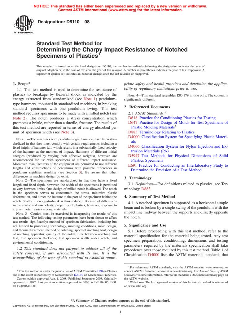 ASTM D6110-08 - Standard Test Method for Determining the Charpy Impact Resistance of Notched Specimens of Plastics