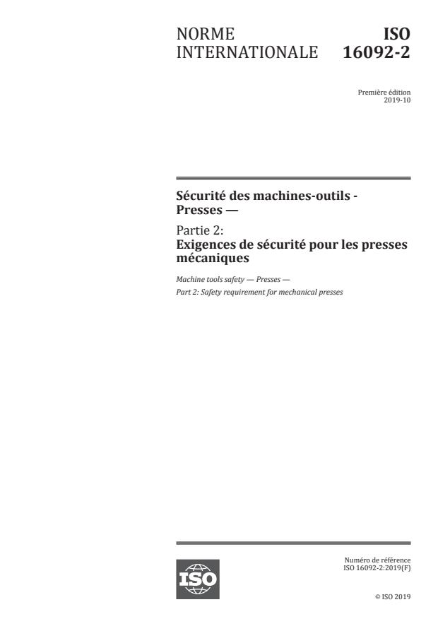 ISO 16092-2:2019 - Sécurité des machines-outils - Presses