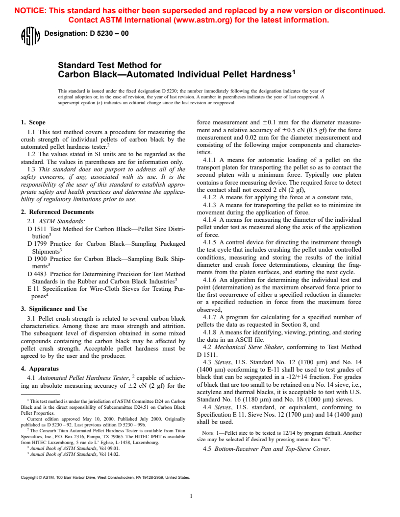 ASTM D5230-00 - Standard Test Method for Carbon Black-Automated Individual Pellet Hardness