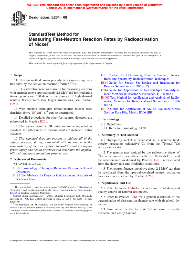 ASTM E264-08 - Standard Test Method for Measuring Fast-Neutron Reaction Rates by Radioactivation of Nickel