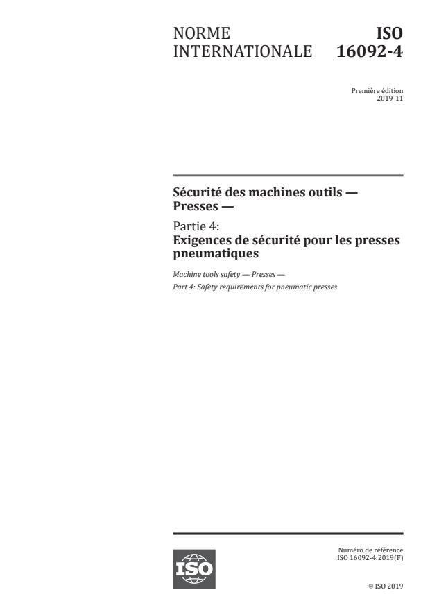 ISO 16092-4:2019 - Sécurité des machines outils -- Presses