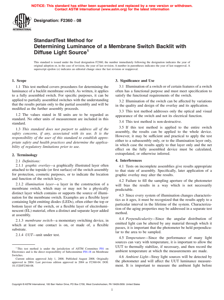 ASTM F2360-08 - Standard Test Method for Determining Luminance of a Membrane Switch Backlit with Diffuse Light Source