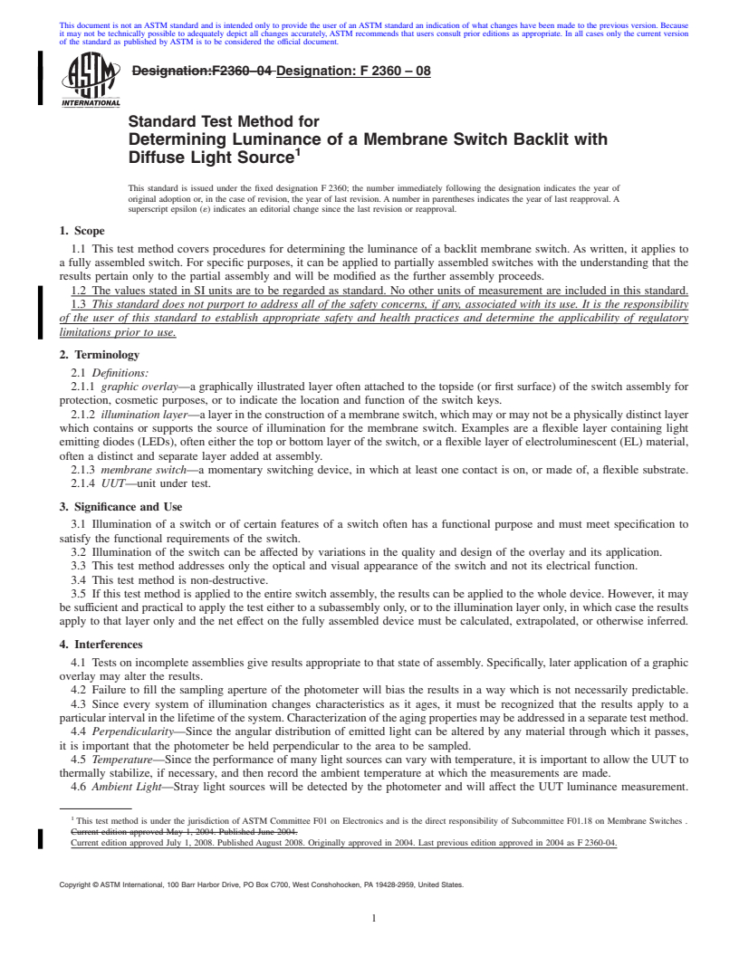 REDLINE ASTM F2360-08 - Standard Test Method for Determining Luminance of a Membrane Switch Backlit with Diffuse Light Source