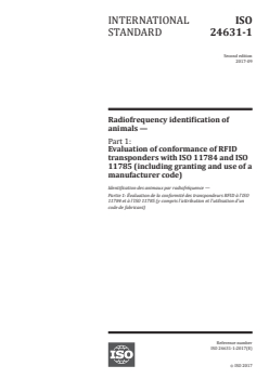 ISO 24631-1:2017 ISO 24631-1:2017 - Radiofrequency identification of animals — Part 1: Evaluation of conformance of RFID transponders with ISO 11784 and ISO 11785 (including granting and use of a manufacturer code)
Released:9/15/2017 - Page 1 preview