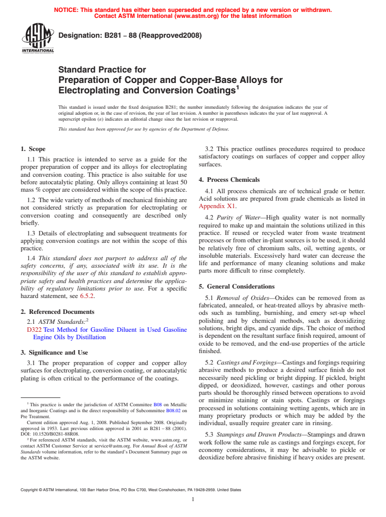 ASTM B281-88(2008) - Standard Practice for Preparation of Copper and Copper-Base Alloys for Electroplating and Conversion Coatings