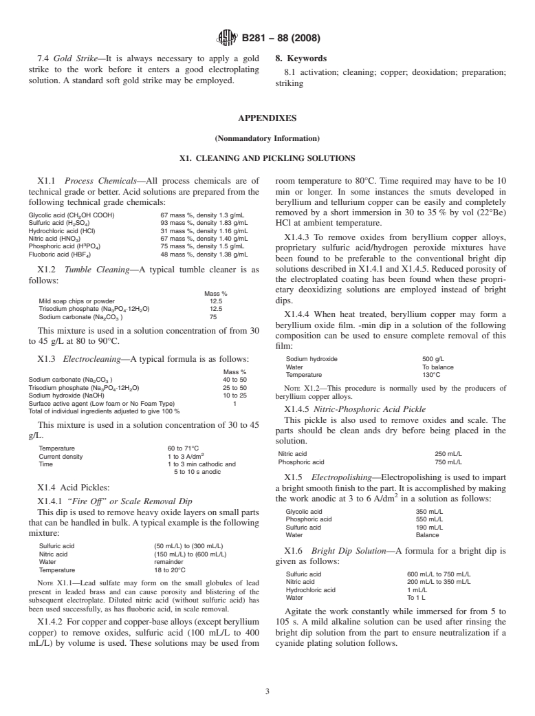 ASTM B281-88(2008) - Standard Practice for Preparation of Copper and Copper-Base Alloys for Electroplating and Conversion Coatings