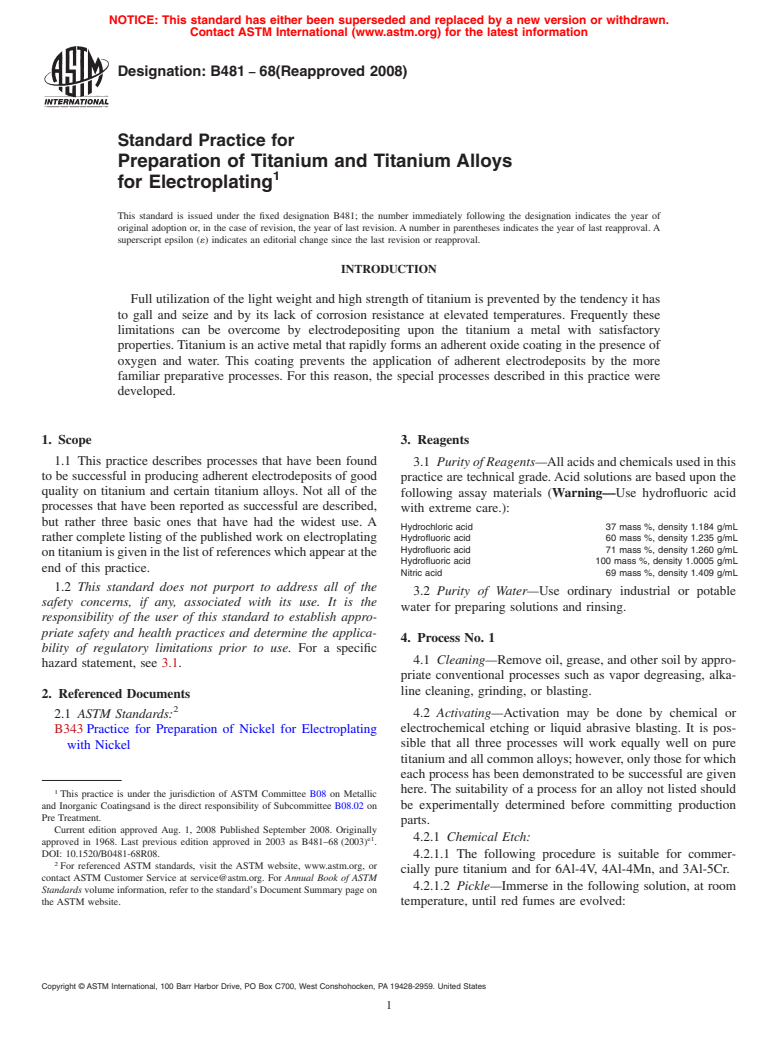 ASTM B481-68(2008) - Standard Practice for Preparation of Titanium and Titanium Alloys for Electroplating