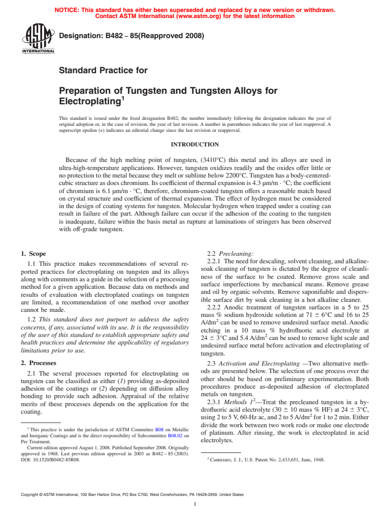 ASTM B482-85(2008) - Standard Practice for Preparation of Tungsten and Tungsten Alloys for Electroplating