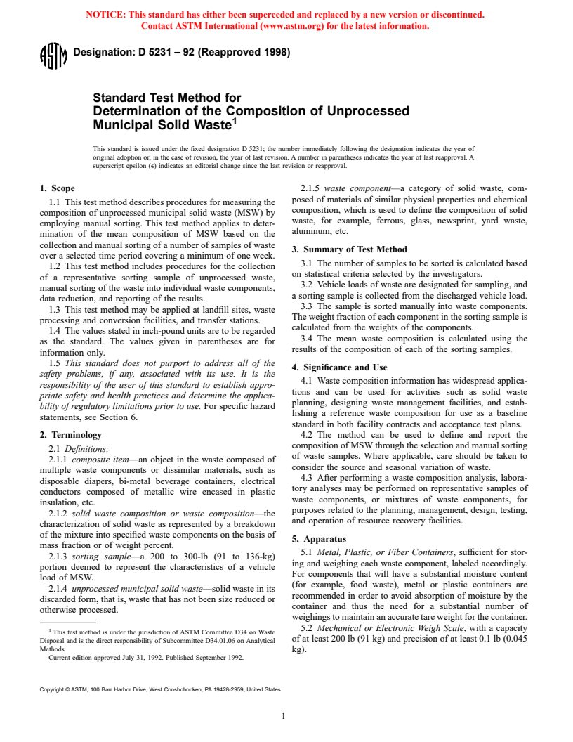 ASTM D5231-92(1998) - Standard Test Method for Determination of the Composition of Unprocessed Municipal Solid Waste