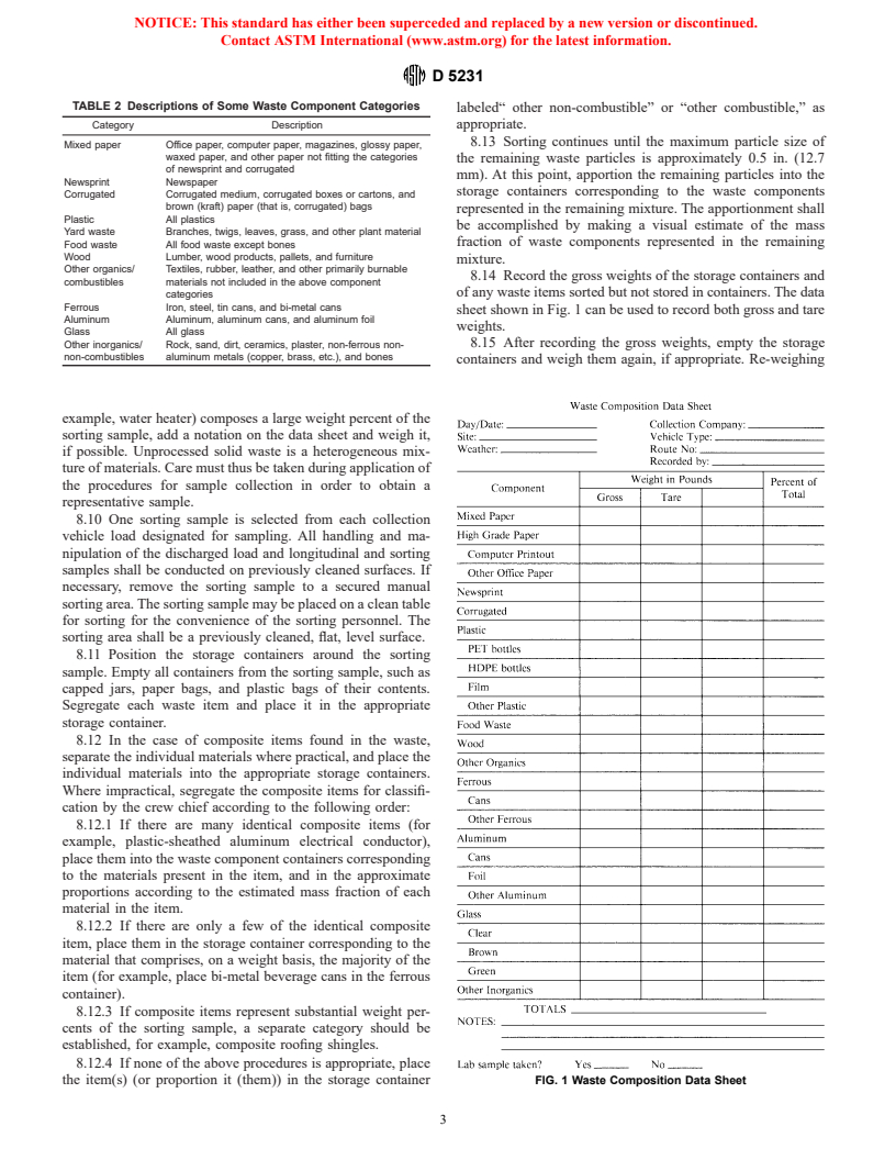 ASTM D5231-92(1998) - Standard Test Method for Determination of the Composition of Unprocessed Municipal Solid Waste