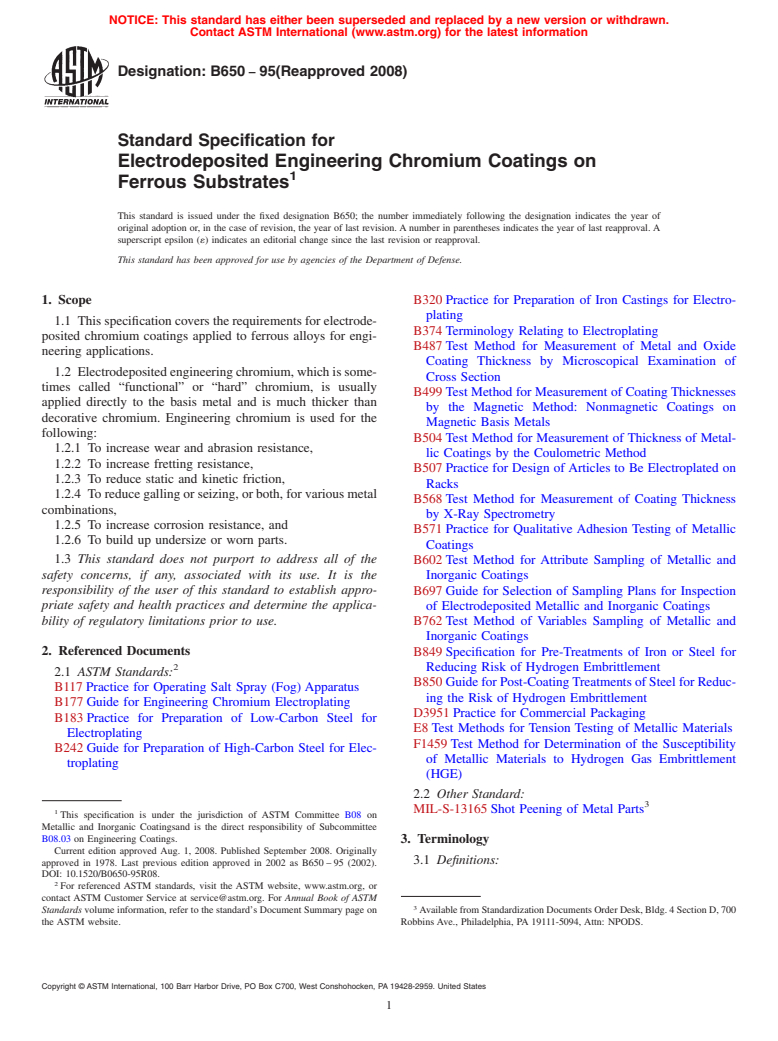 ASTM B650-95(2008) - Standard Specification for Electrodeposited Engineering Chromium Coatings on Ferrous Substrates