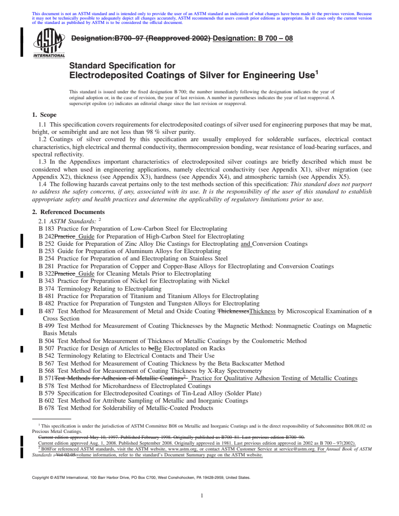 REDLINE ASTM B700-08 - Standard Specification for Electrodeposited Coatings of Silver for Engineering Use