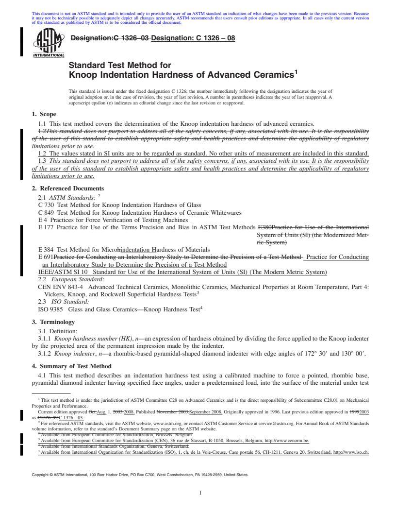 REDLINE ASTM C1326-08 - Standard Test Method for  Knoop Indentation Hardness of Advanced Ceramics