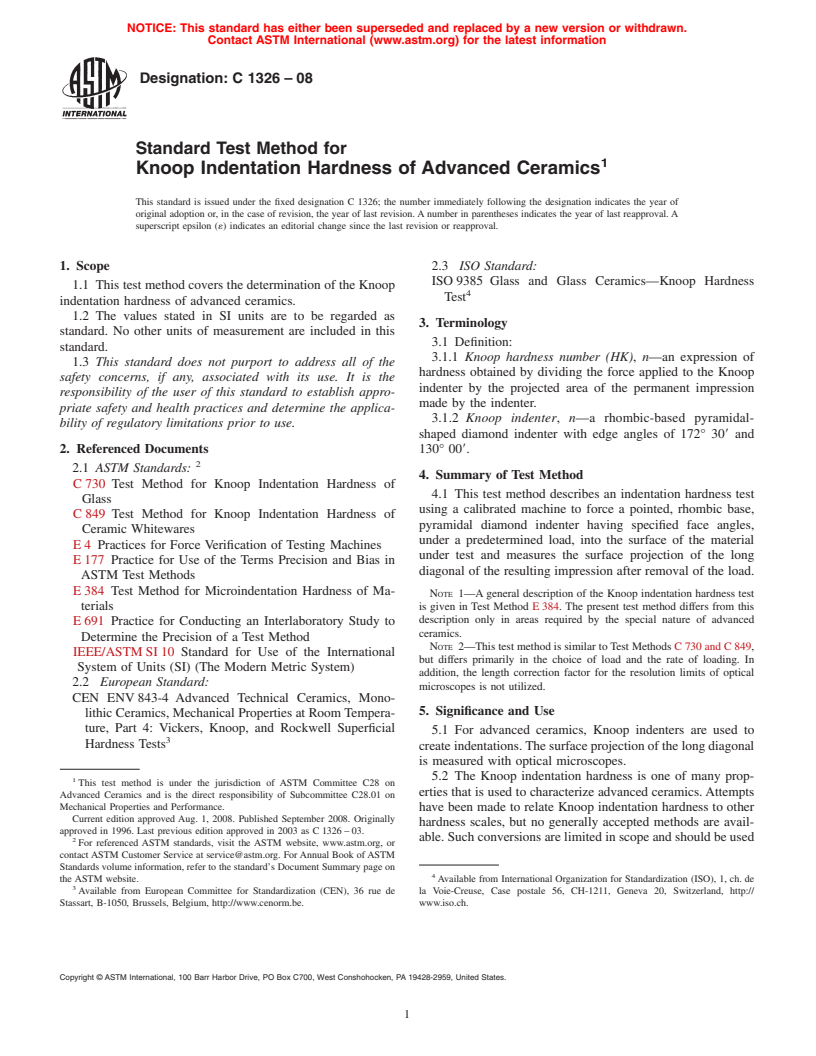 ASTM C1326-08 - Standard Test Method for  Knoop Indentation Hardness of Advanced Ceramics