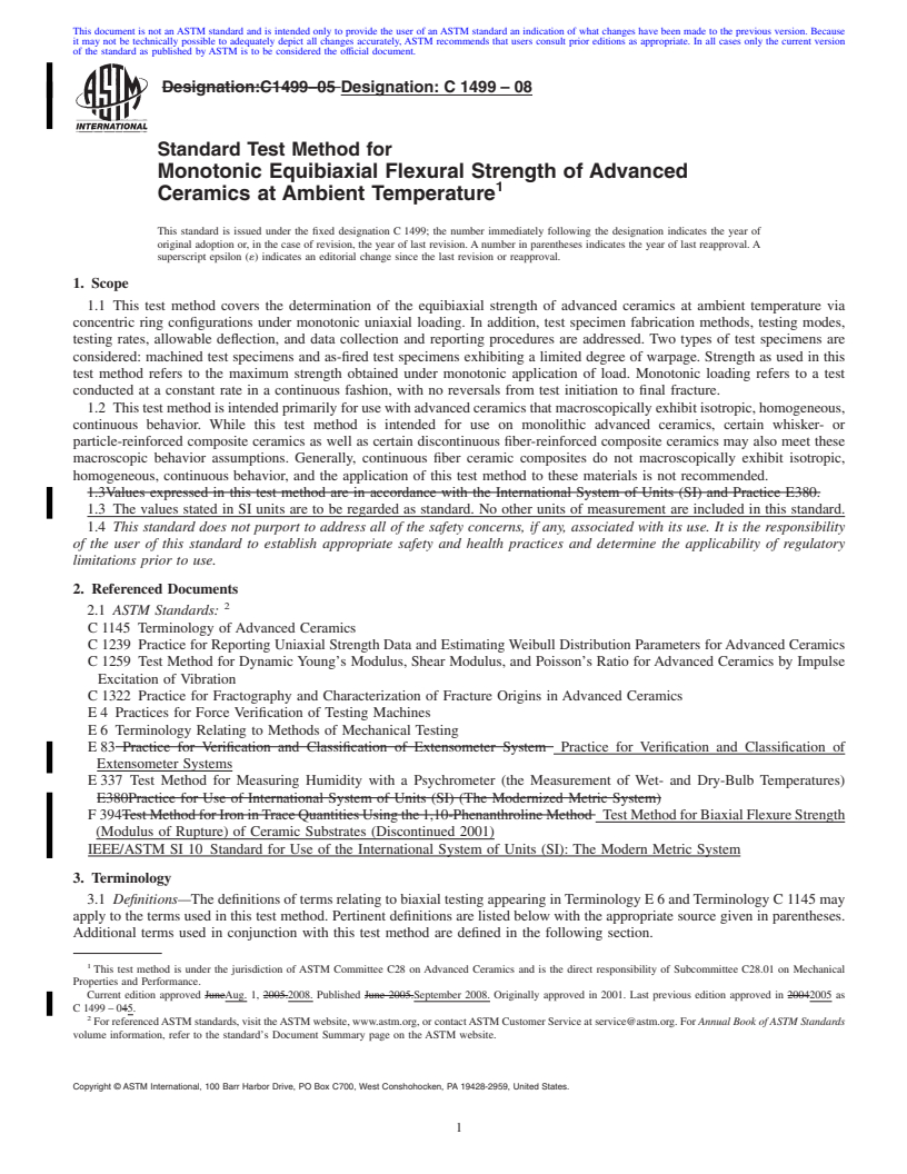 REDLINE ASTM C1499-08 - Standard Test Method for Monotonic Equibiaxial Flexural Strength of Advanced Ceramics at Ambient Temperature