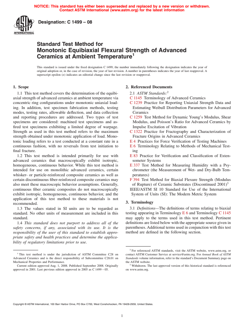 ASTM C1499-08 - Standard Test Method for Monotonic Equibiaxial Flexural Strength of Advanced Ceramics at Ambient Temperature