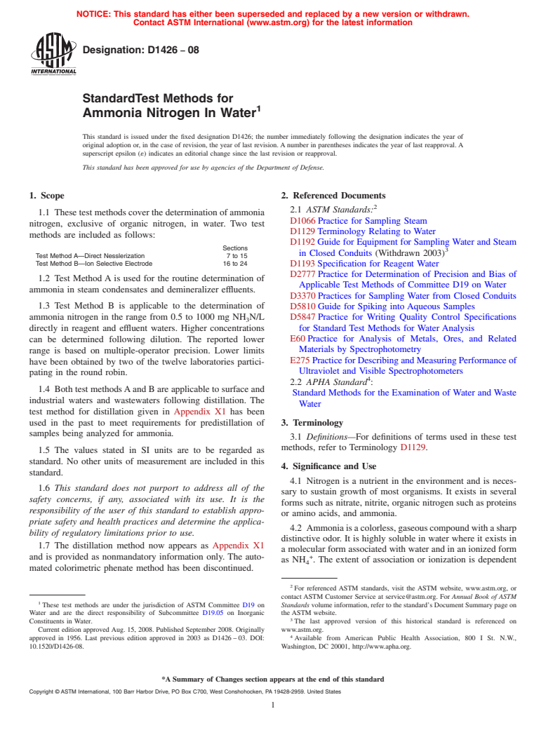 ASTM D1426-08 - Standard Test Methods for Ammonia Nitrogen In Water