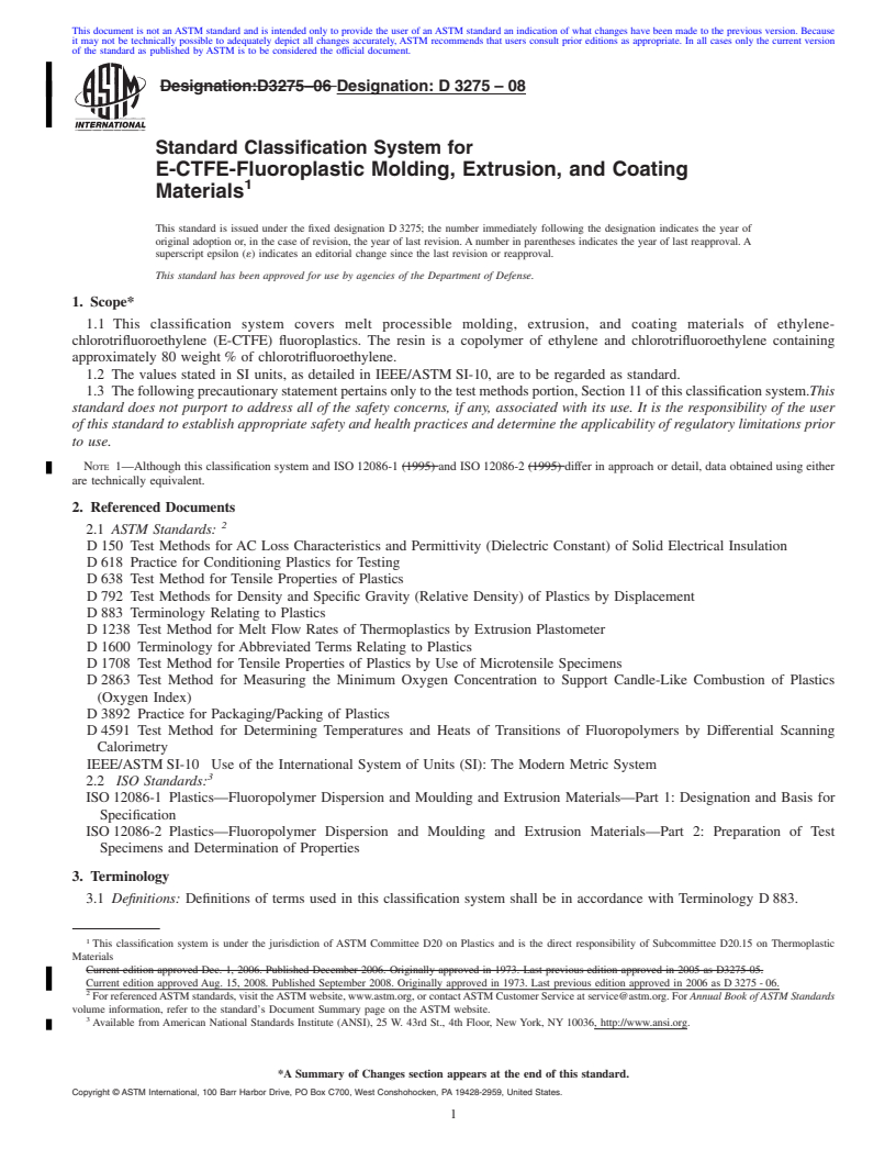 REDLINE ASTM D3275-08 - Standard Classification System for E-CTFE-Fluoroplastic Molding, Extrusion, and Coating Materials