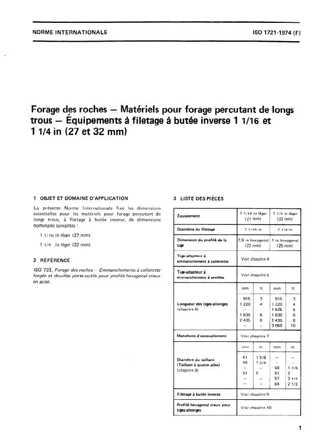 ISO 1721:1974 - Forage des roches -- Matériels pour forage percutant de longs trous -- Équipements a filetage a butée inverse 1 1/16 et 1 1/4 in (27 et 32 mm)