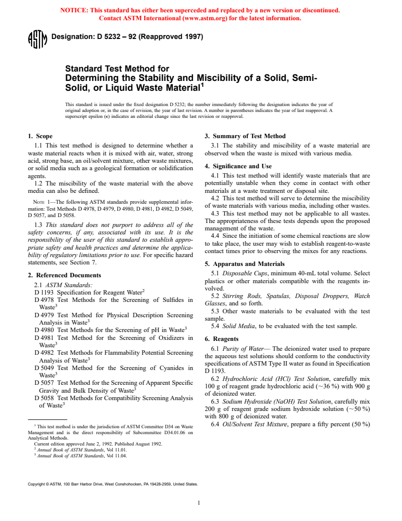 ASTM D5232-92(1997) - Standard Test Method for Determining the Stability and Miscibility of a Solid, Semi-Solid, or Liquid Waste Material