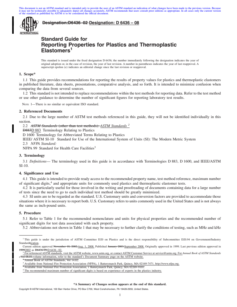 REDLINE ASTM D6436-08 - Standard Guide for Reporting Properties for Plastics and Thermoplastic Elastomers