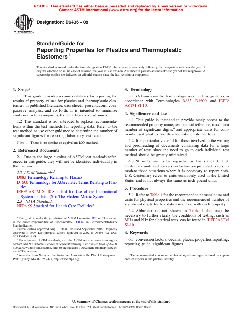 ASTM D6436-08 - Standard Guide for Reporting Properties for Plastics and Thermoplastic Elastomers