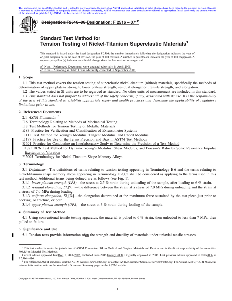 REDLINE ASTM F2516-07e2 - Standard Test Method for Tension Testing of Nickel-Titanium Superelastic Materials