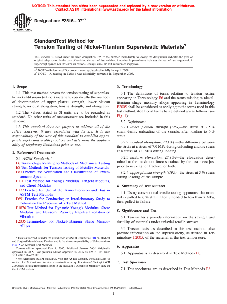 ASTM F2516-07e2 - Standard Test Method for Tension Testing of Nickel-Titanium Superelastic Materials