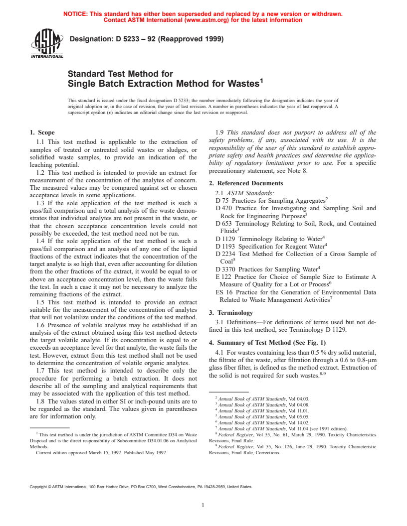 ASTM D5233-92(1999) - Standard Test Method for Single Batch Extraction Method for Wastes