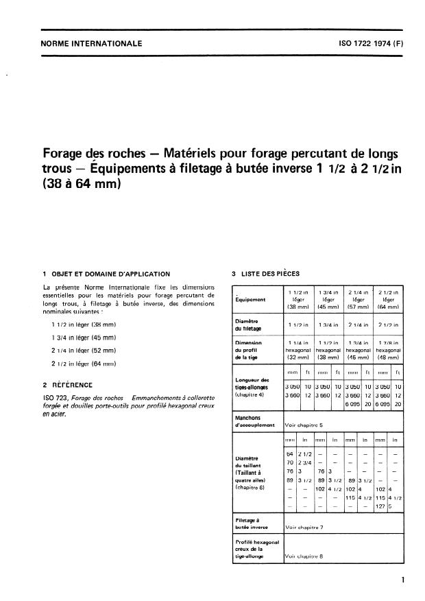 ISO 1722:1974 - Forage des roches -- Matériels pour forage percutant de longs trous -- Équipements a filetage a butée inverse 1 1/2 a 2 1/2 in (38 a 64 mm)