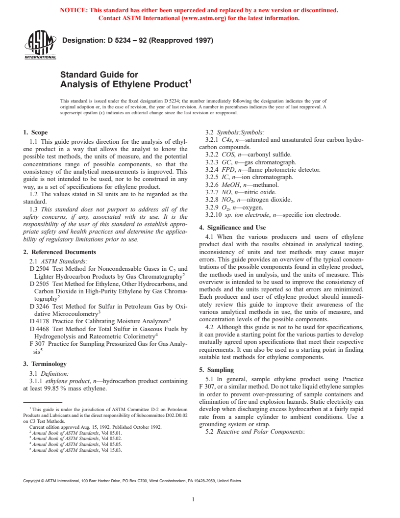 ASTM D5234-92(1997) - Standard Guide for Analysis of Ethylene Product