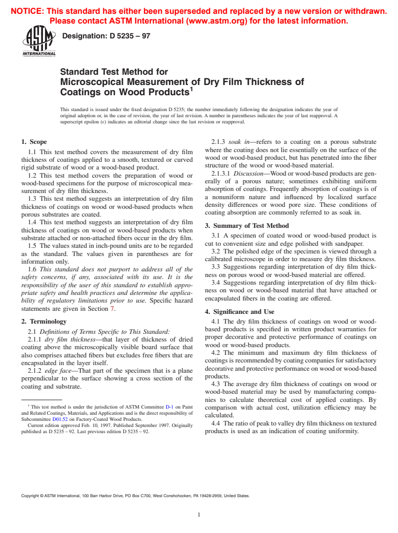 ASTM D5235-97 - Standard Test Method for Microscopical Measurement of Dry Film Thickness of Coatings on Wood Products (Withdrawn 2006)