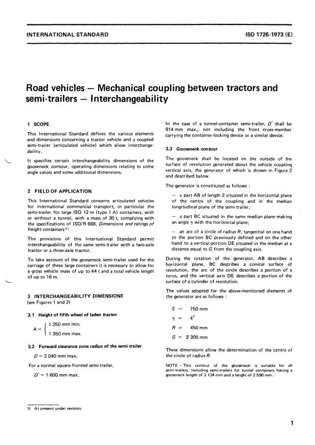 ISO 1726:1973 - Road vehicles -- Mechanical coupling between tractors and semi-trailers -- Interchangeability