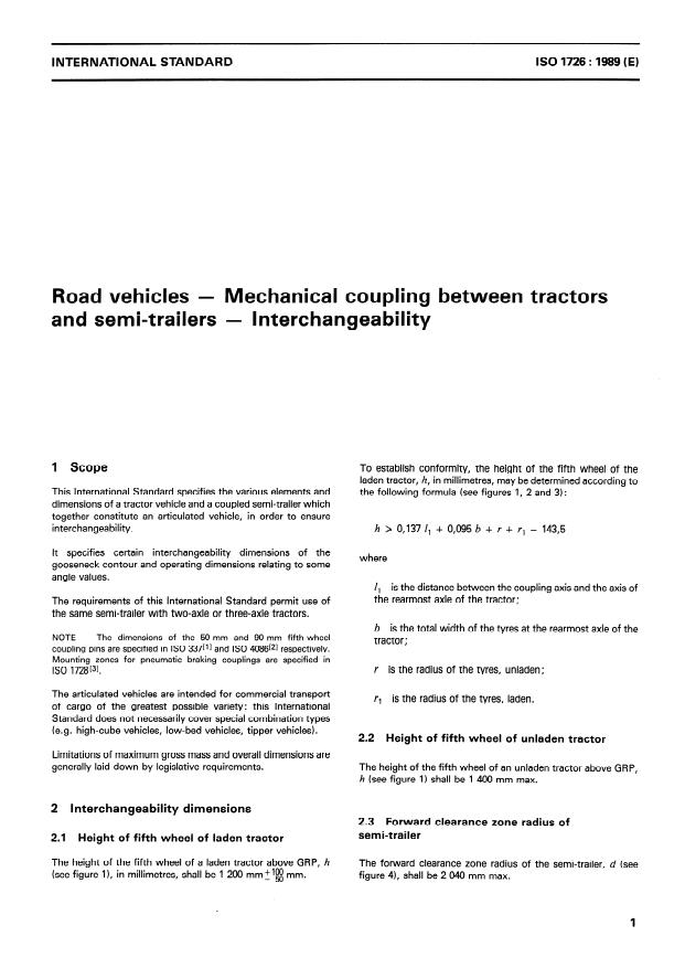 ISO 1726:1989 - Road vehicles -- Mechanical coupling between tractors and semi-trailers -- Interchangeability