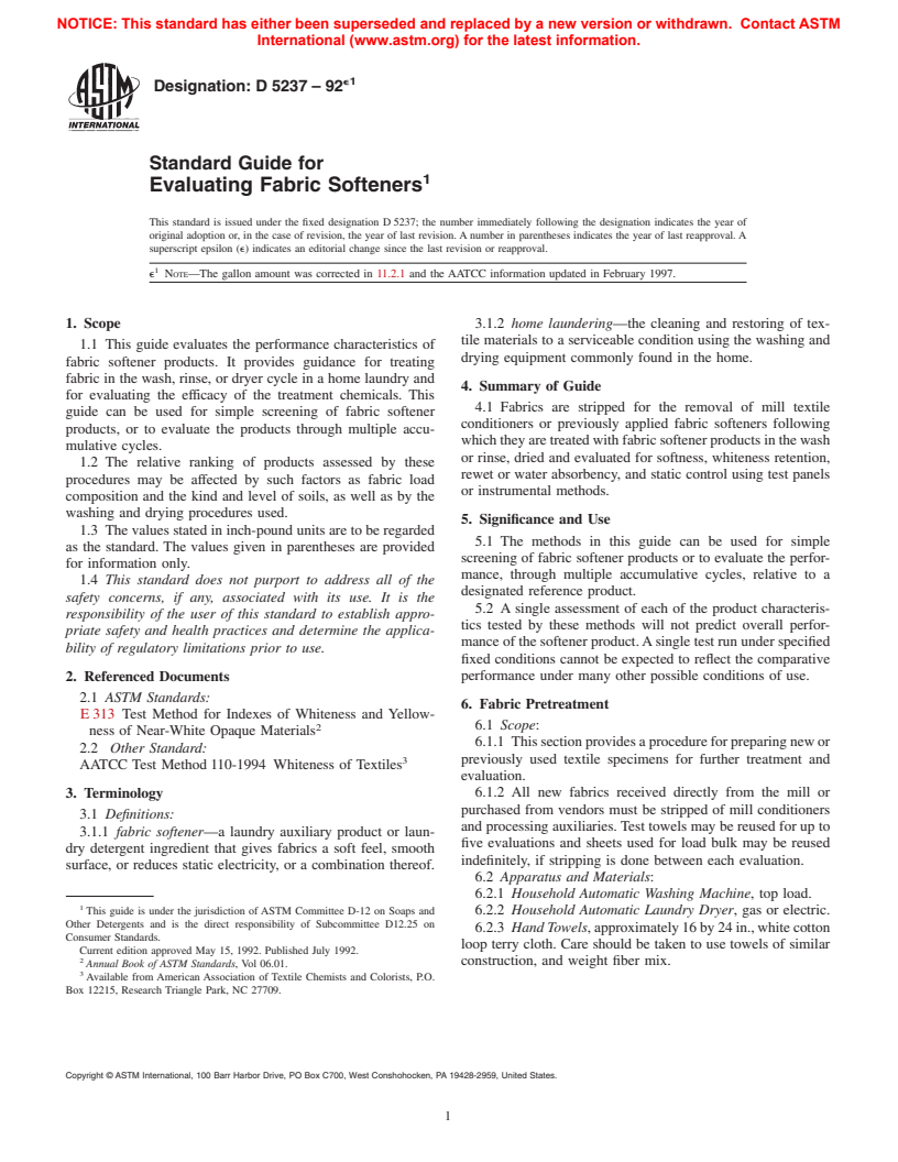 ASTM D5237-92e1 - Standard Guide for Evaluating Fabric Softeners (Withdrawn 2001)