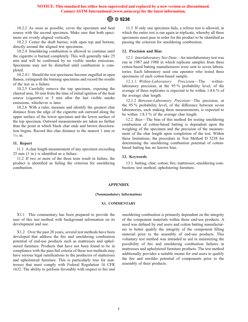 ASTM D5238-98 - Standard Test Method for Smoldering Combustion Potential of Cotton-Based Batting