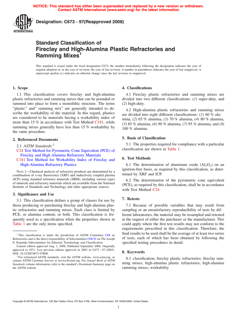 ASTM C673-97(2008) - Standard Classification of  Fireclay and High-Alumina Plastic Refractories and Ramming Mixes