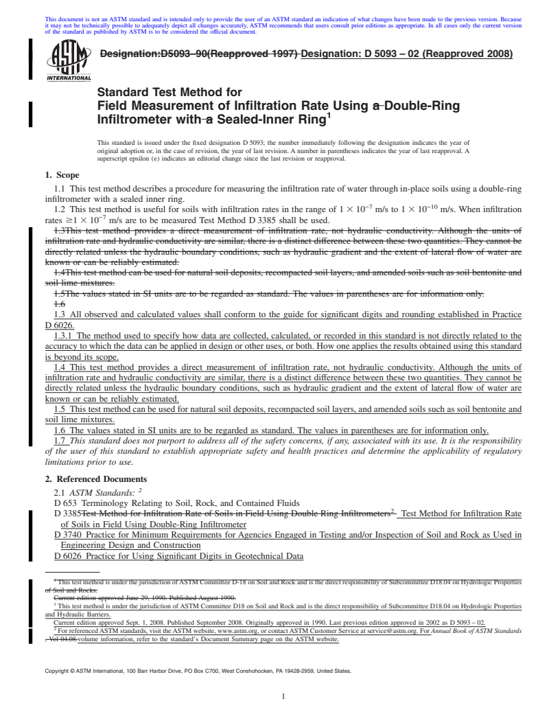 REDLINE ASTM D5093-02(2008) - Standard Test Method for Field Measurement of Infiltration Rate Using Double-Ring Infiltrometer with Sealed-Inner Ring