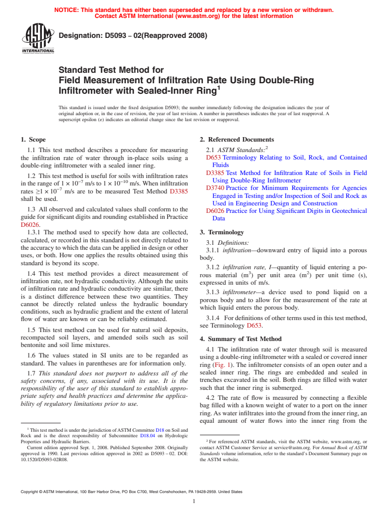 ASTM D5093-02(2008) - Standard Test Method for Field Measurement of Infiltration Rate Using Double-Ring Infiltrometer with Sealed-Inner Ring