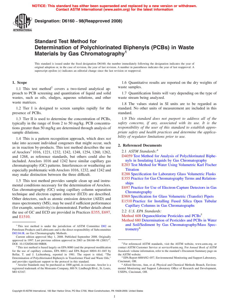 ASTM D6160-98(2008) - Standard Test Method for Determination of Polychlorinated Biphenyls (PCBs) in Waste Materials by Gas Chromatography