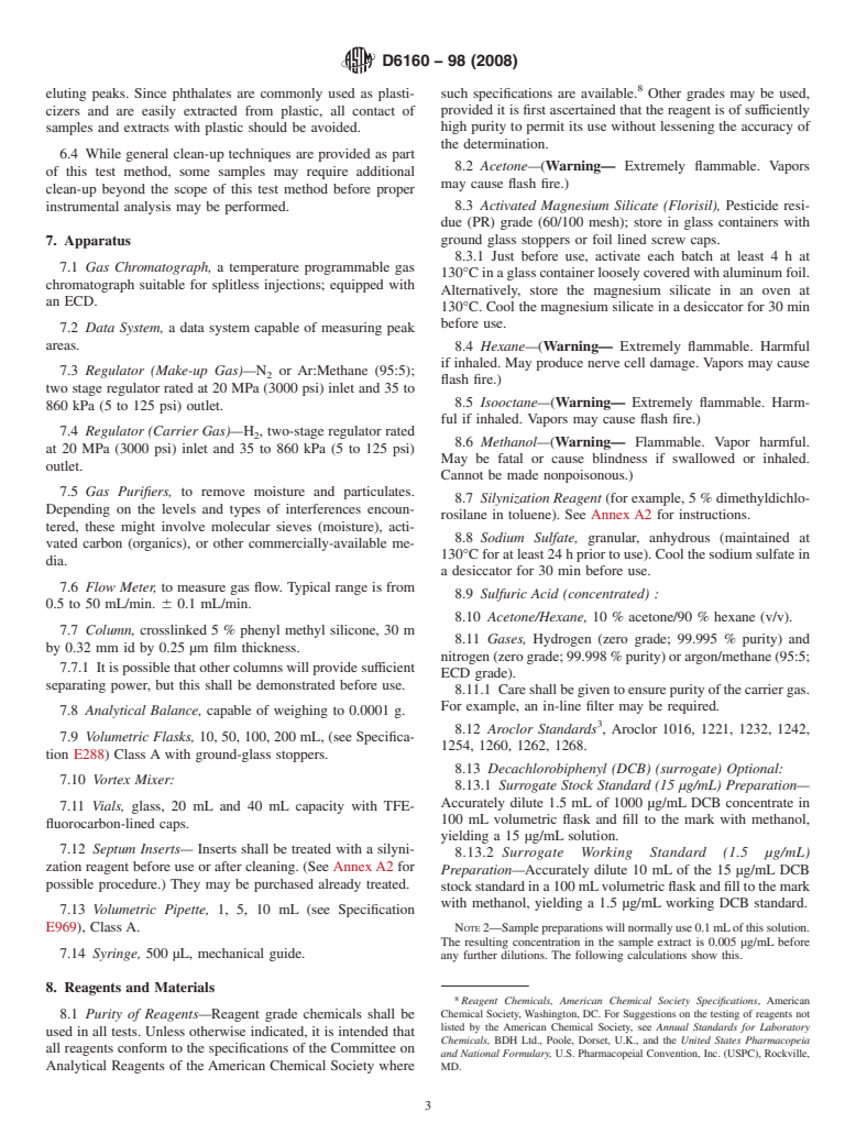 ASTM D6160-98(2008) - Standard Test Method for Determination of Polychlorinated Biphenyls (PCBs) in Waste Materials by Gas Chromatography