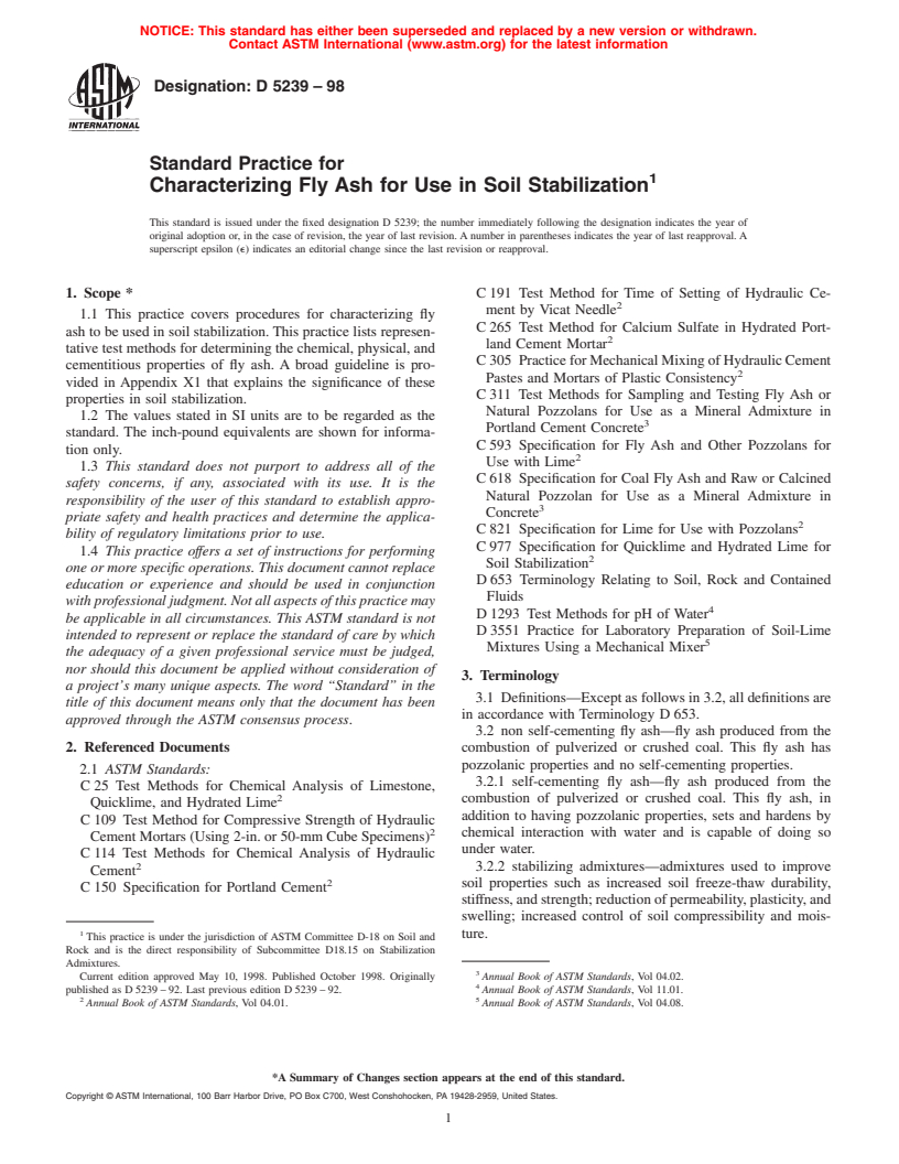 ASTM D5239-98 - Standard Practice for Characterizing Fly Ash for Use in Soil Stabilization