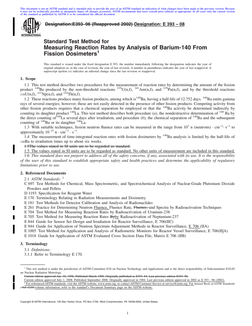 REDLINE ASTM E393-08 - Standard Test Method for  Measuring Reaction Rates by Analysis of Barium-140 From Fission Dosimeters