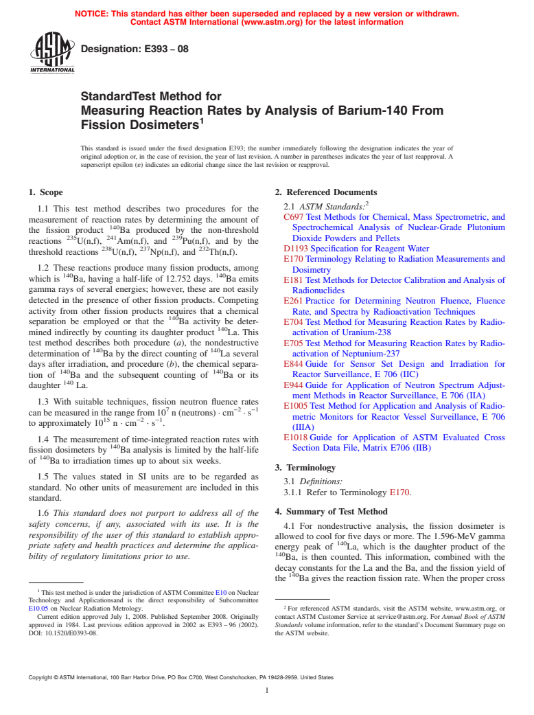 ASTM E393-08 - Standard Test Method for  Measuring Reaction Rates by Analysis of Barium-140 From Fission Dosimeters