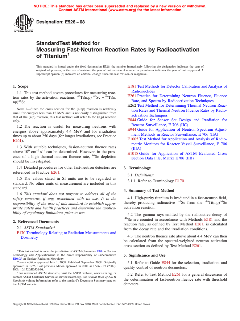 ASTM E526-08 - Standard Test Method for Measuring Fast-Neutron Reaction Rates by Radioactivation of Titanium