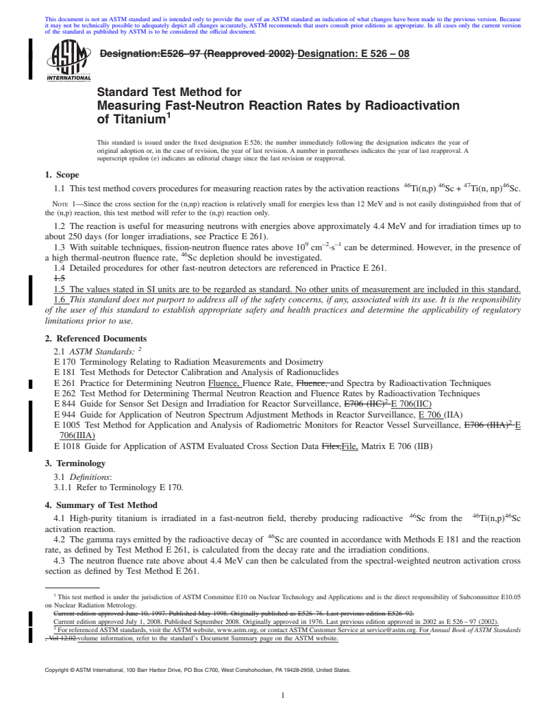 REDLINE ASTM E526-08 - Standard Test Method for Measuring Fast-Neutron Reaction Rates by Radioactivation of Titanium